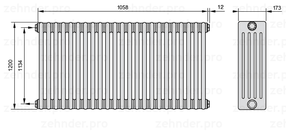 Схема (чертеж) Радиатор Zehnder Charleston 5120/23 №1270 Белый глянцевый RAL 9016